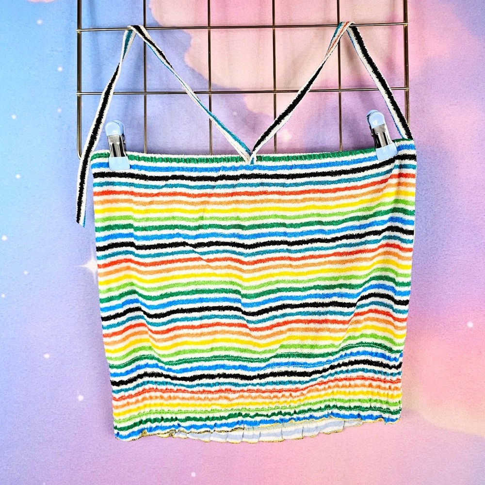 Vintage Rainbow Striped Terry Cloth Halter Tube Top Womens OS Smocked Y2k